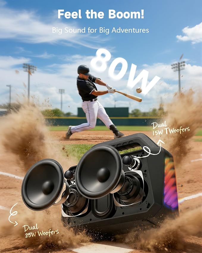Bluetooth Speaker - 80W Loud Rugged Outdoor Speakers IPX6 Waterproof 20H Playtime Deep Bass Lightshow TWS BT 5.3 Wireless Portable for Travel Hiking Camping Beach Pool - Black