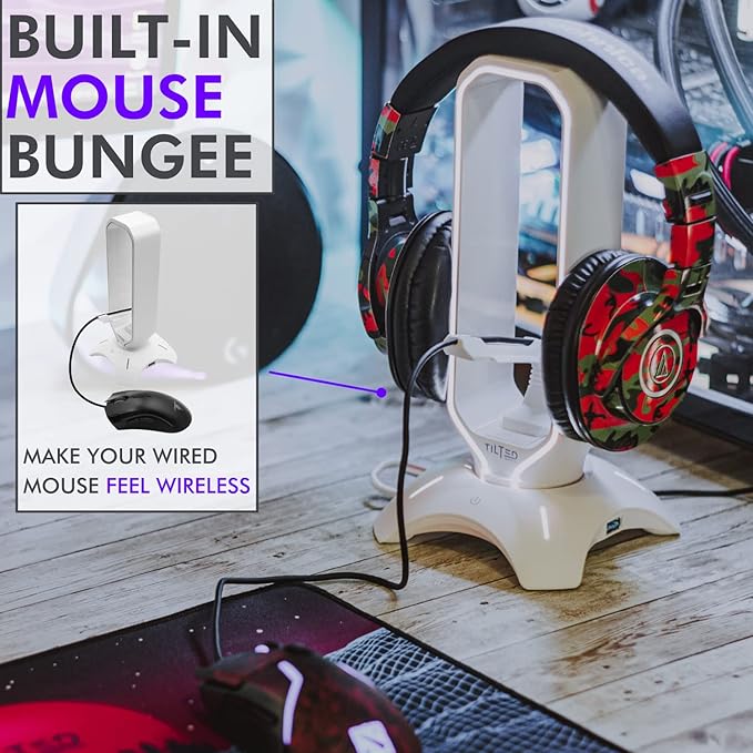 Tilted Nation Gaming Headphone Stand | RGB Headset Stand White | Headset Holder for Desk with Mouse Bungee and USB Hub | The Ultimate Gaming Accessories for Gamers for PS5 Xbox PC - White