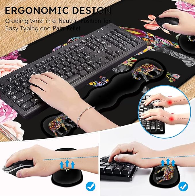 Gaming Mouse Pad XXL Large Desk Mat Non-Slip Rubber Mice Stitched Edges(31.5x11.8 in) Ergonomic Memory Foam Keyboard Wrist Rest Cute Funy Anime Cartoo Colorful Elephant Black Extended Mouse Pad Set
