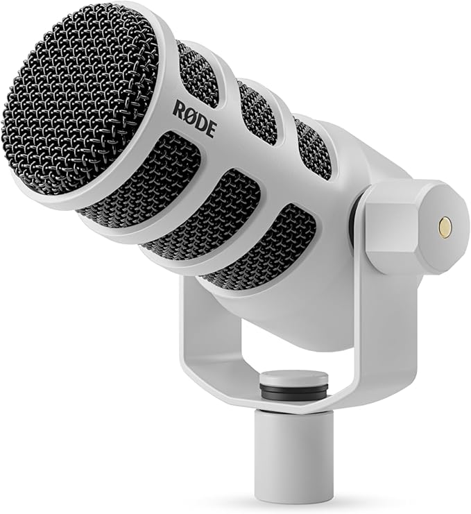 Rode PodMic Cardioid Dynamic Broadcast Microphone (White Pair) with 2X PSA1+ Broadcast Microphone Boom Arms 2X Cans50 Professional Studio Headphones and 2X XLR Cables