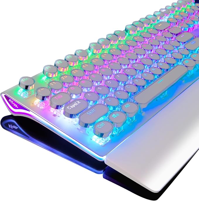 RK ROYAL KLUDGE S108 Typewriter Mechanical Keyboard Full RGB Gaming Keyboard Wired PC Game Keyboards with Detachable Wrist Rest and Number Pad Retro Round Keycaps Brown Switch White
