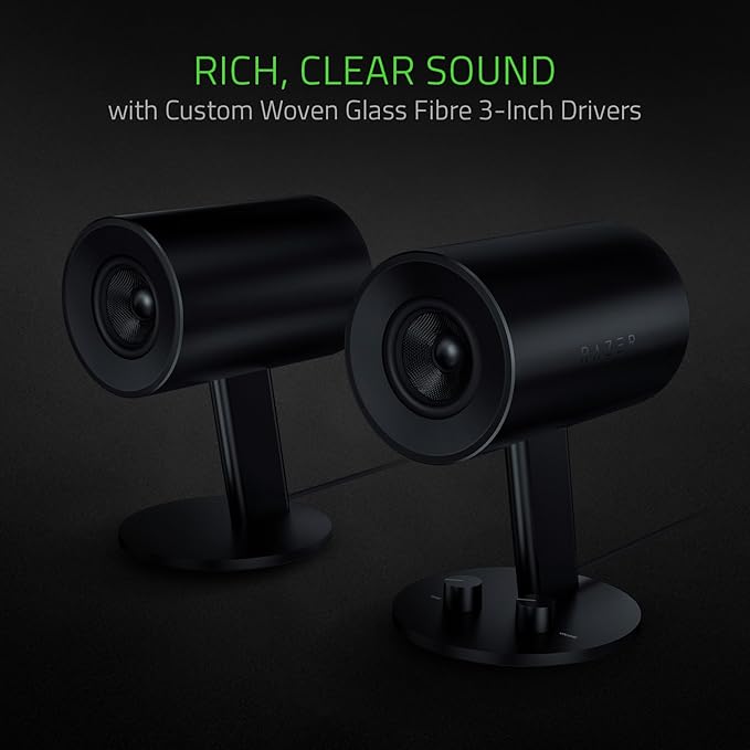 Razer Nommo: Custom Woven Fiberglass 3 Drivers - Rear-Facing Bass Ports - Bass Knob w/ Automatic Gain Control - Full Range 2.0 PC Gaming Speakers
