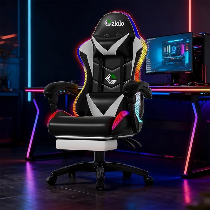 Gaming Chair Racing Style RGB LED Lights Gaming Chairs for Adults and Kids Lumbar Massager Gamer Chair High Back Reclining Computer Chair with Footrest and Headrest (Black/White)