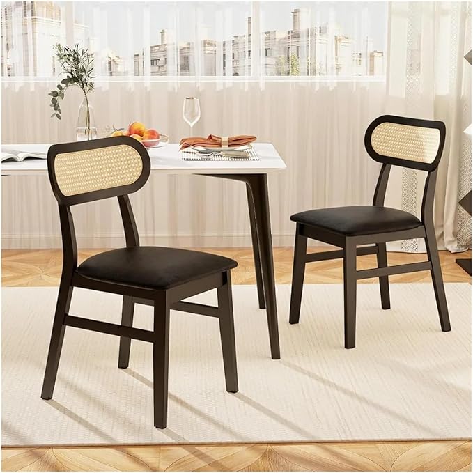 Adjustable Office Computer Chair with Armrest 1pcs Leather Upholstered Kitchen Dining Chairs with Breathable Mesh Cane Backrest and Rubber Wood Frame