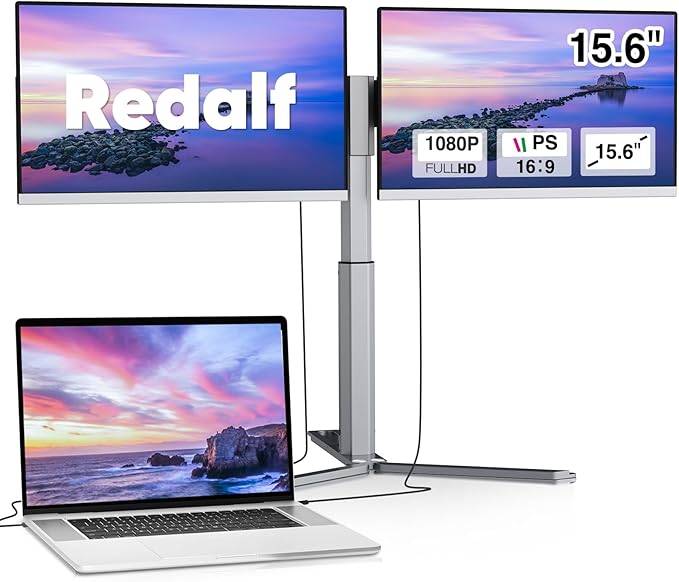 Redalf 15.6 FHD Portable Triple Monitor for Laptop IPS Ultra-Thin Zero Frame Compatible with Mac Windows Chrome Fits All Size Laptops