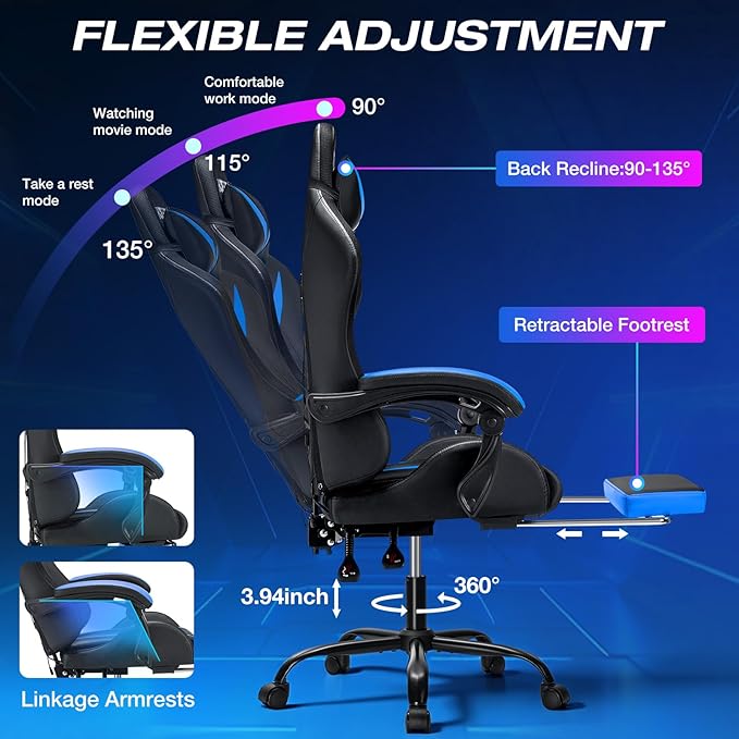 RGB Gaming Chair with Massage and LED Lights Ergonomic Video Game Chairs with Footrest High Back Reclining Computer Chair with Adjustable Lumbar Support Blue and Black