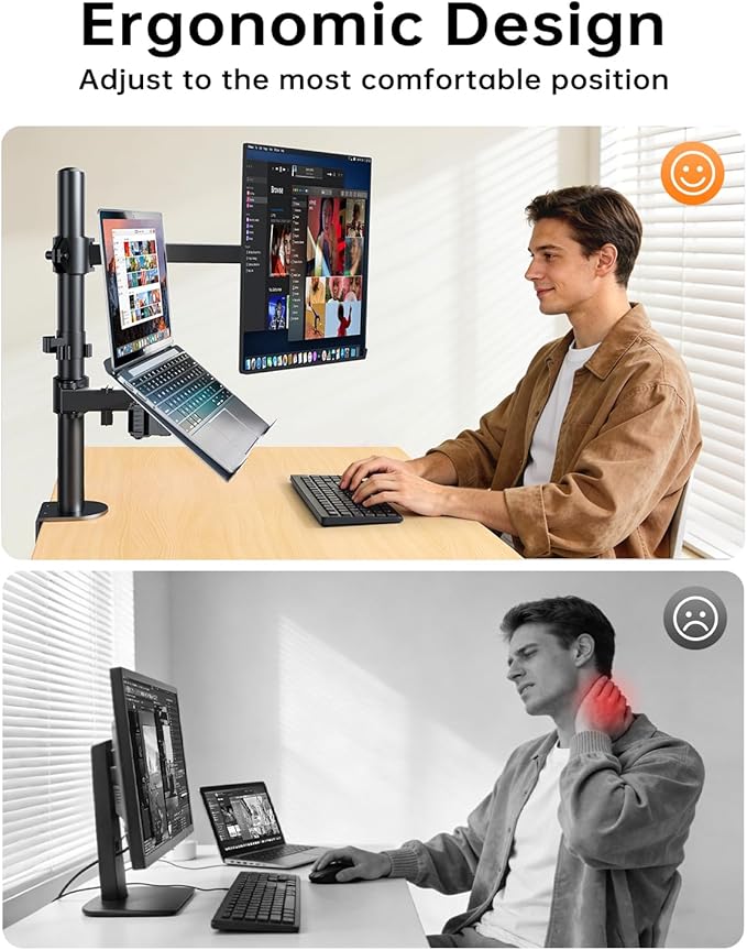 H&ampC(hcck&ampCllassp) Monitor and Laptop Mount Stand for 13 to 32 Screens Adjustable Monitor Arm Stand with Tray for 11-17” Laptop Holds 18lbs/Arm C-Clamp 75x75/100x100 VESA