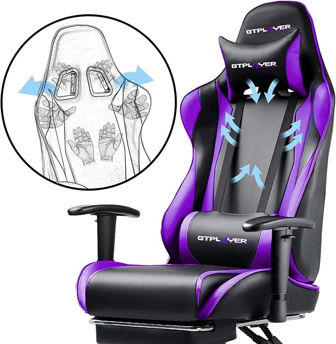 GTPLAYER Gaming Chair with Footrest Ergonomic Computer Game Desk Chair Reclining Game Chair Seat Height Adjustment Swivel Rocker with Headrest and Lumbar (Purple)