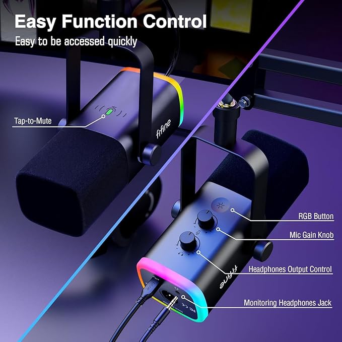 FIFINE Dynamic Gaming Mic and Microphone Arm Stand Kit PC Computer Streaming Mic with RGB Light Mute Button Suspension Scissor Boom Stand Bundle for Recording Podcast Voice-Over (AM8+CS1)