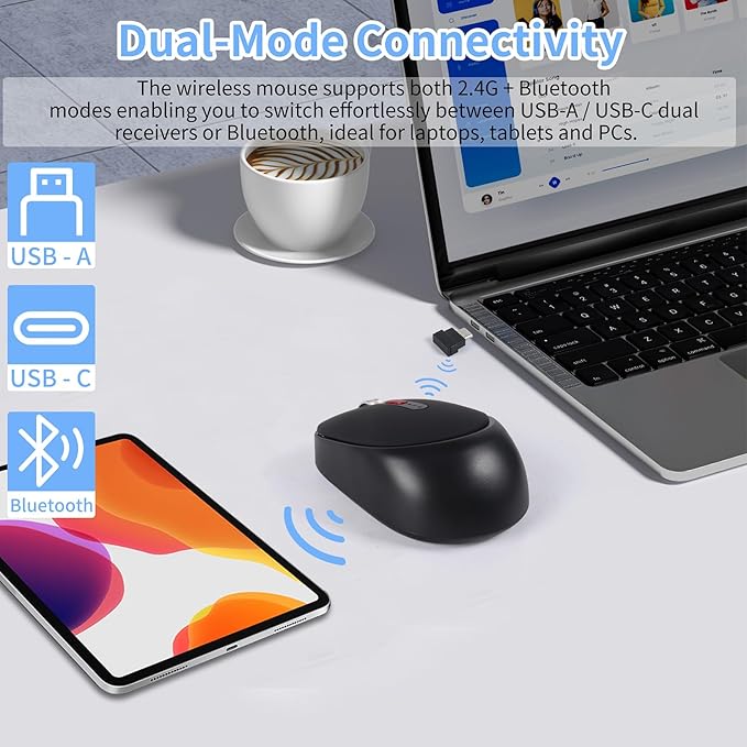 Dual Mode Wireless Bluetooth Mouse - USB-C &amp USB-A Receiver Rechargeable Silent Click for Laptop Tablet PC - Perfect for Students &amp Professionals Travel-Friendly (Black)