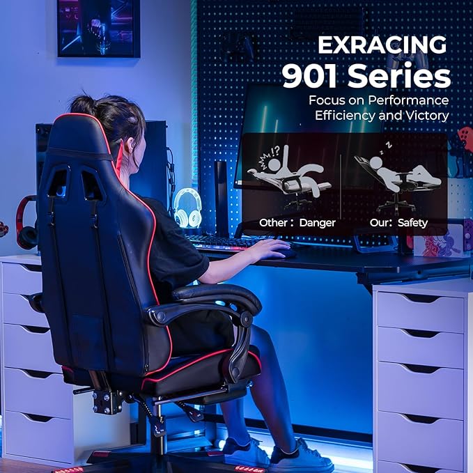 EXRACING Gaming Chair Ergonomic Computer Chair with Footrest and Lumbar Support Height Adjustable High Back Leather Office Chair 360° Swivel with Linked Armrest for Adult and Teen (Red)