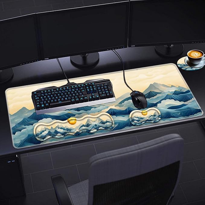Keyboard Wrist Rest SetMemory Foam Wrist Support Mouse Pad31.5x11.8 Desk Mat for Comfortable Typing &amp Pain ReliefNon-Slip Base for Office &amp Home Use - Mountain and Moon