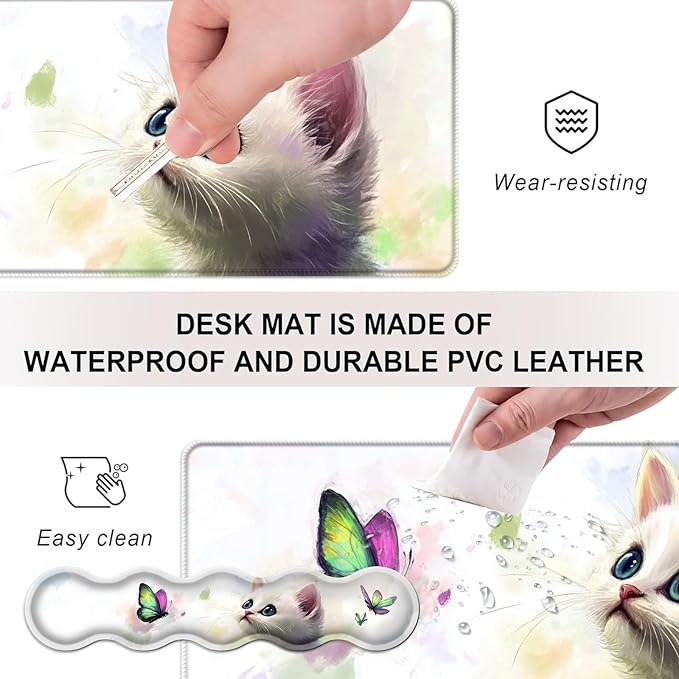 Mouse PadLarge Desk Mat Set 4in1 XL Mousepad + Keyboard Wrist Rest+Mouse Wrist Rest+Coaster with Ergonomic Desk Pad for Home Office Table Computer Cover -Kitten and Colorful Butterfly