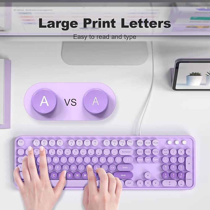 Large Print Keyboard Wired Full Size Wired Retro Round Keyboard with Foldable Stands Plug and Play for Laptop and Office PC- Purple Colorful