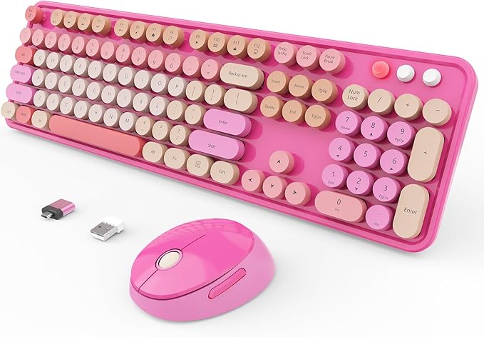 Wireless Keyboard and Mouse Combo Ergonomic Full Size Typewriter Retro Round Keycaps Keyboard Compatible with Windows PC Perfer for Home and Office Keyboards （Red）