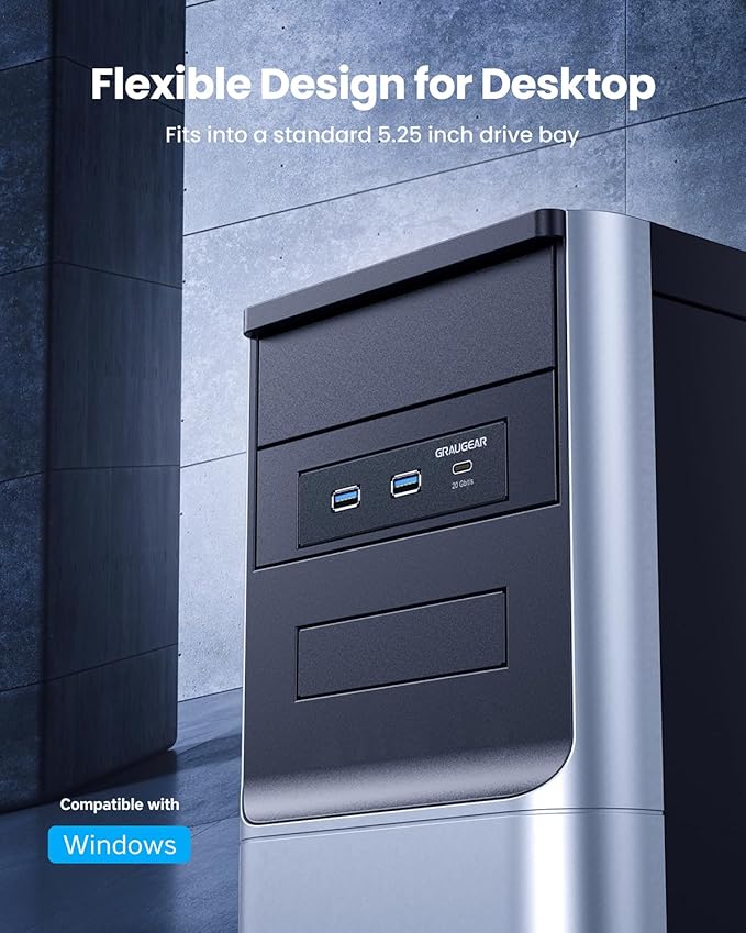 GRAUGEAR 5.25 Inch Internal USB Hub Front Panel – USB‑C 20Gbps + 2X USB‑A 5Gbps Dual 2.5″ SSD/HDD Bays Fits 5.25″ Bay USB 3.2 A-Key 20-Pin &amp USB3.0 19‑Pin Headers PC Case Desktop Expansion