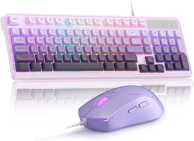 MageGee Gradient Purple Creamy Keyboard and Mouse ComboMageGee GK980 Wired RGB Backlit Keyboard and Gradient Purple Gaming Mouse ComboPC Keyboard and Adjustable Sensitivity Mouse for PC/loptop/MAC