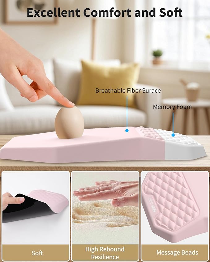 Ergonomic Mouse Pad Wrist Rest Support Massage Design Surface for Carpal Tunnel Pain Relief Memory Foam Non-Slip PU Base for Computer Desk Pink