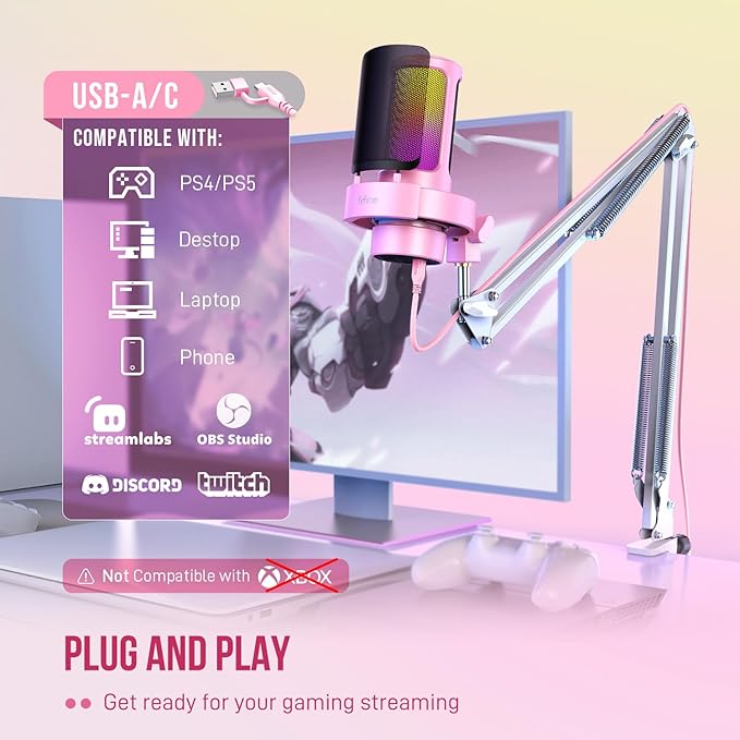 FIFINE USB Streaming Microphone with Boom Arm Gaming Mic Kit for PC PS4/PS5 Podcast Microphone for Podcast with RGB Control Mute Button Gain Knob Headphones Jack Pop Filter-A8T Pink