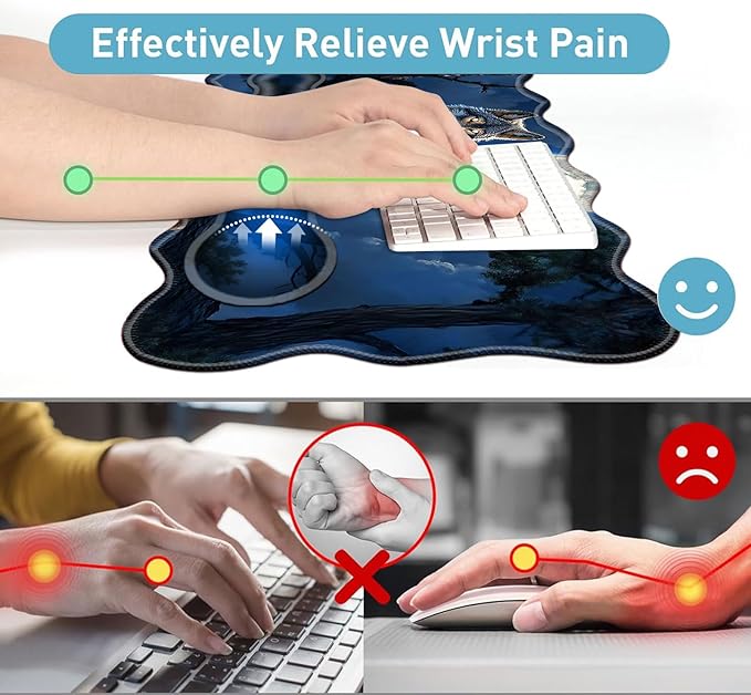 Large Mouse Pad and Keyboard Wrist Rest Desk Pad for Keyboard and Mouse 4-in-1 Large Gaming Mouse Pad with Wrist Support Desk Mat for Home Office Study Game-Wolf in The Moonlight