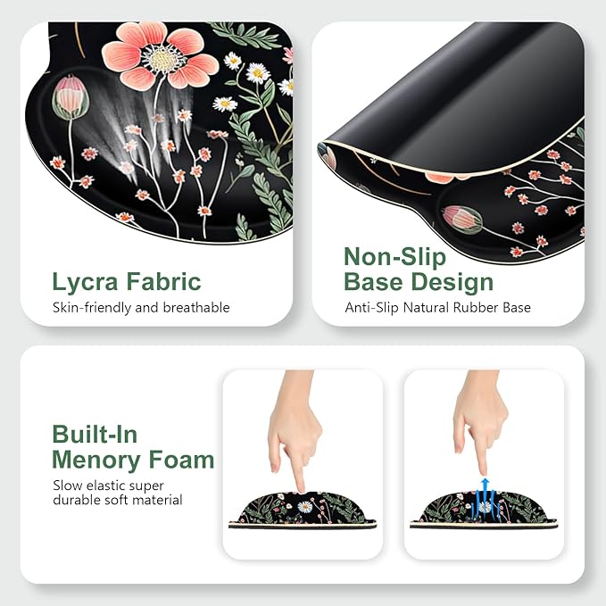 Flower Desk Mat 4in1 Large Mouse Pad with Wrist Rest Desk Matt for Desktop Desk Pad Mat Anti-Slip XXL Computer Ergonomic Mousepad with Wrist Support for Keyboard and Mouse I Black Florals Weeds