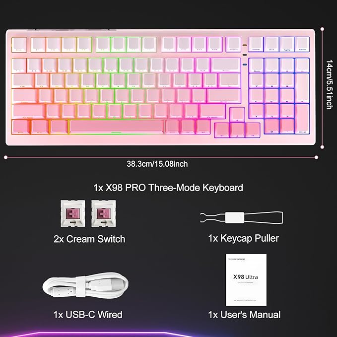 CC MALL X98 Ultra Wireless Mechanical KeyboardHot Swappable Custom Keyboard with Number PadLinear SwitchesTri-Mode BT5.0/2.4GHz/USB-CRGB Backlit Pink Gaming Keyboards for Win/Mac/PC