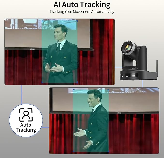 4K Wireless PTZ Camera AI Auto Tracking Wireless/USB3.0/LAN Video Conference Camera 12X Zoom Low-light Enhancement IP Live Streaming for Church Education and Conferences OBS vMIX Easy Setup