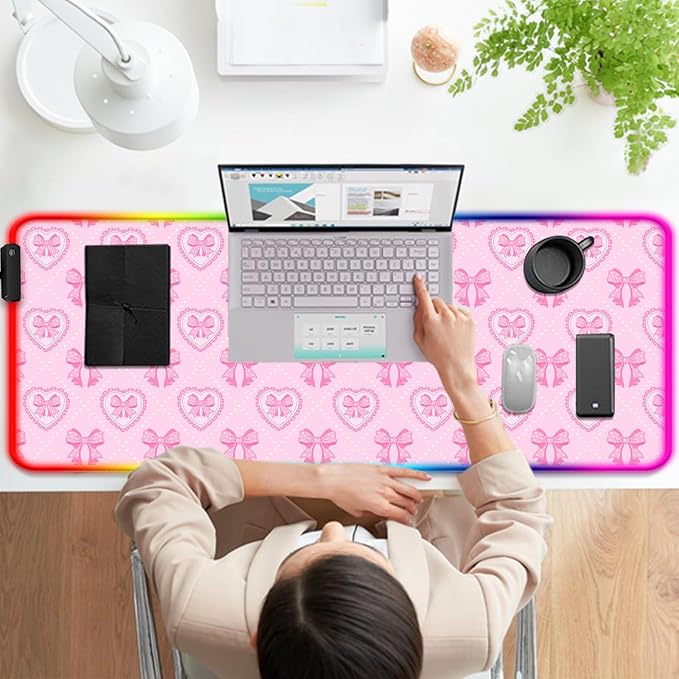 RGB Pretty Pink Love Bows Gaming Desk Mat Computer Keyboard Large Extended Long Girly LED Mouse Pad for Office and Home XL (W13)