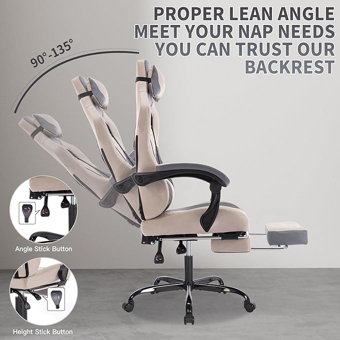 Grey Ergonomic Gaming Chairs for Adults Swivel Height Adjustable Comfortable Office Desk Chair with Footrest and Lumbar Support PU Upholstered Computer Chair with Headrest (Grey)
