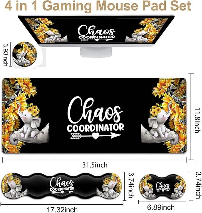 Desk Mouse Pad Office Large Mousepad Extended XXL (31.5x11.8in) Anime Cartoon Cute Baby Elephants with Sunflowers Gaming Mouse Mat Rubber Base Stiched Edges + Memory Foam Keyboard Wrist Rest