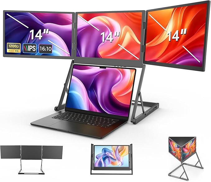 14-inch Laptop Screen Extender with 360° Swivel Axis Design Portable Foldable Triple Monitor HDMI/USB-C Compatible with Windows Mac