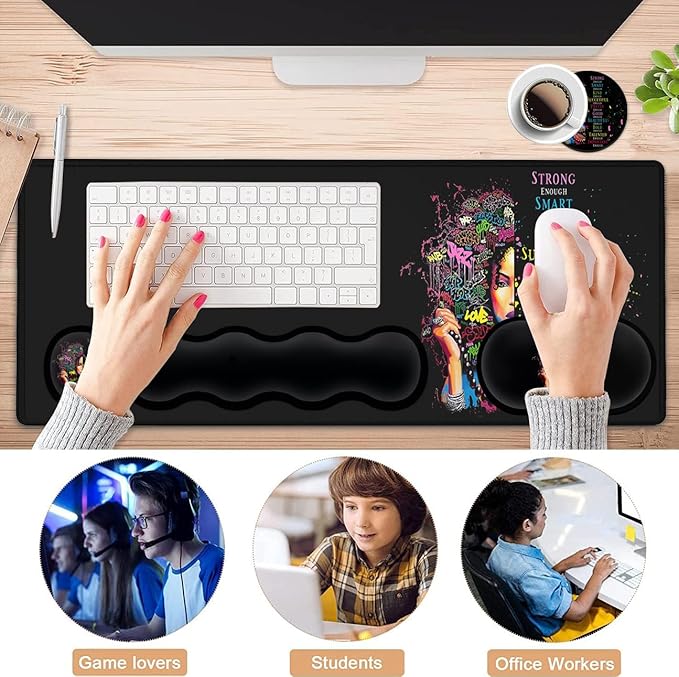 Extended Large Mouse Pad+Keyboard Wrist Rest Support  Ergonomic Memory Foam Wrist Rest 4Pcs (31.5×11.8 in) Desk Pad Set for Home Office Anime African American Woman XXL Gaming Black Mouse Pad