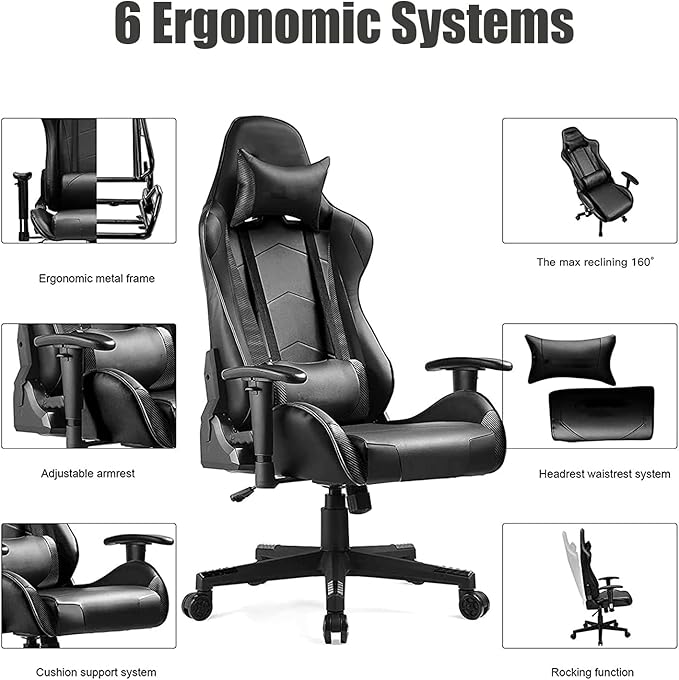 WANYE Ergonomic Gaming Chair with Height Adjustment Headrest Lumbar Support E-Sports Swivel Chair for Game Playing and Working Black