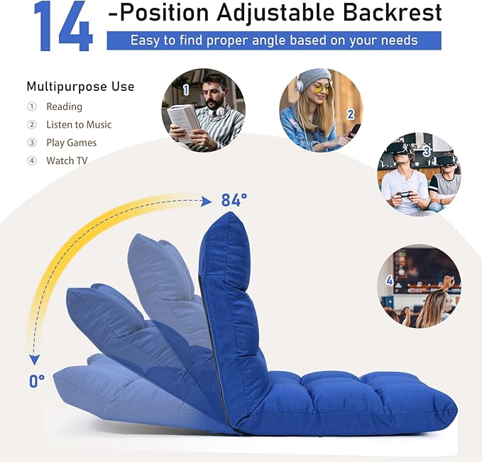 MAT EXPERT 14-Position Floor Chair Floor Gaming Chair w/Resilience Sponge Alloy Steel Frame Padded Bed Couch Recliner Floor Chair with Back Support for Reading Meditating (Blue)
