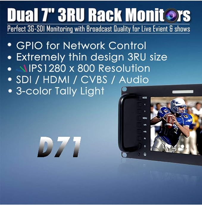 FEELWORLD D71 Plus 3RU Dual 7 inch 3G SDI Broadcast Rack Mount Monitor 1920x1200 HD LCD IPS Screen with 3 Color Tally Light HDMI AV Input Output