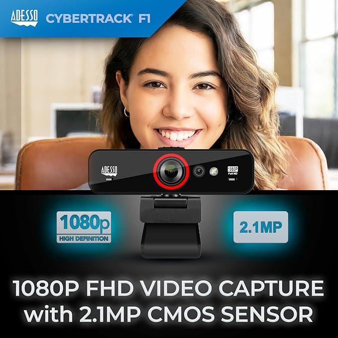 Adesso CyberTrack F1 1080P HD Fixed Focus USB Windows Hello Webcam Camera for Desktop PC Built-in Dual Microphone Privacy Shutter Audio/Video Mode Privacy ON/Off Switch &amp Tripod Mount