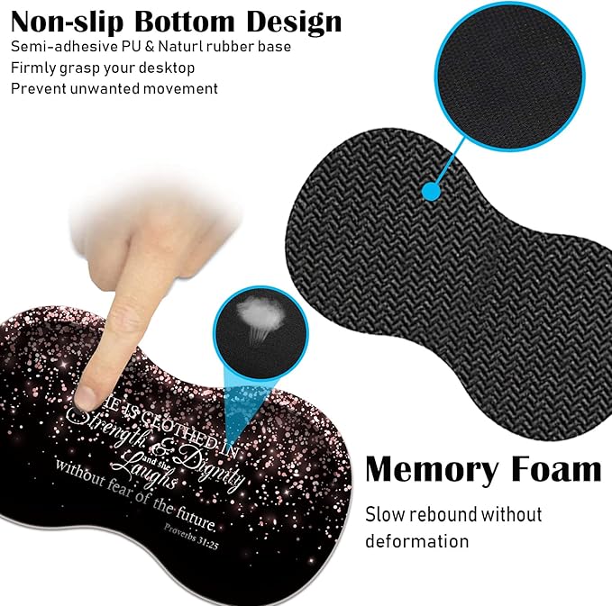Large Game Mouse Pad + Wrist Support Pad + Coffee Coaster Rose Gold Proverbs 31:25 Foldable Table Mat with Stitched Edge Non-Slip Set Pad Suitable for Office Work and Home