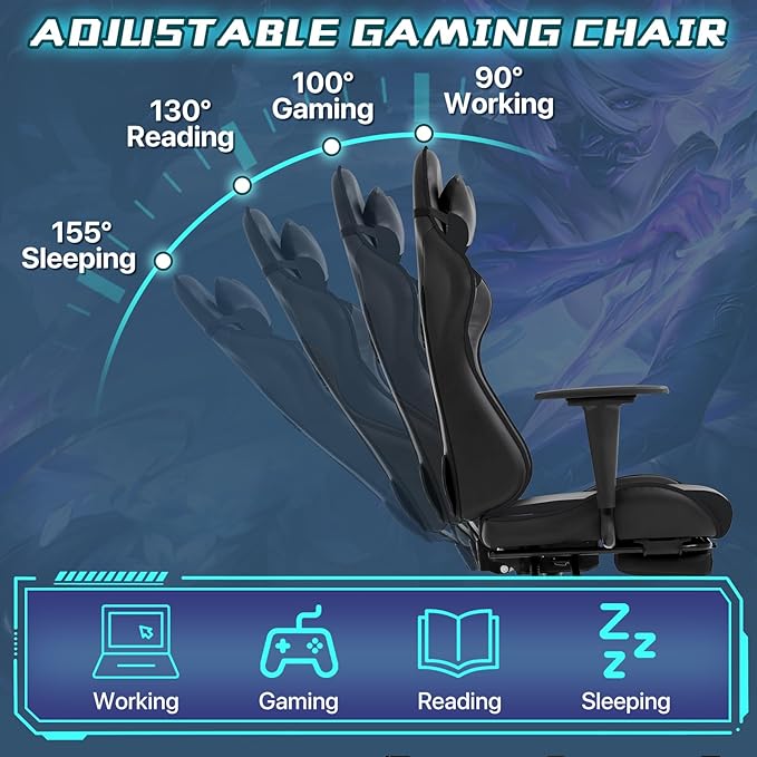 Gaming Chair Ergonomic Office Chairs PU Leather High-Back Computer Chair with Footstool and Lumbar Support360°Swivel Game Chairs with Headrest for Office &amp GamingBlack (Black)