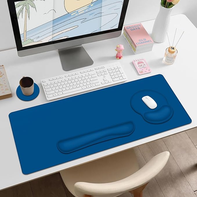 4 PCS Mouse Pad Desk Mat Protector Keyboard Wrist Rest + Comfortable Mouse Pad with Wrist Rest +Coaster Large Gaming Mousepad for Computer Laptop 35.4X 15.7 Deskpad for Office Home I Dark Blue