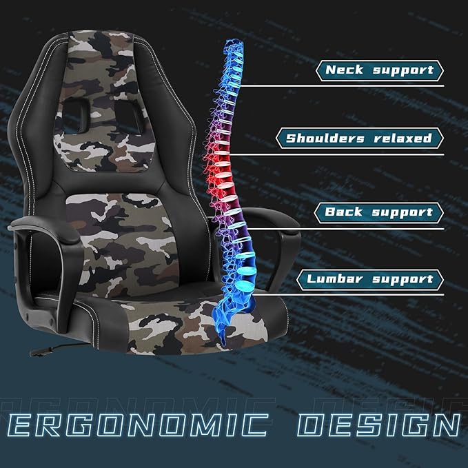 High-Back Racing Gaming Chair with Massage Lumbar Support - Ergonomic Adjustable Swivel - Black PU Leather - Perfect for Home Office or Gaming (Camo)