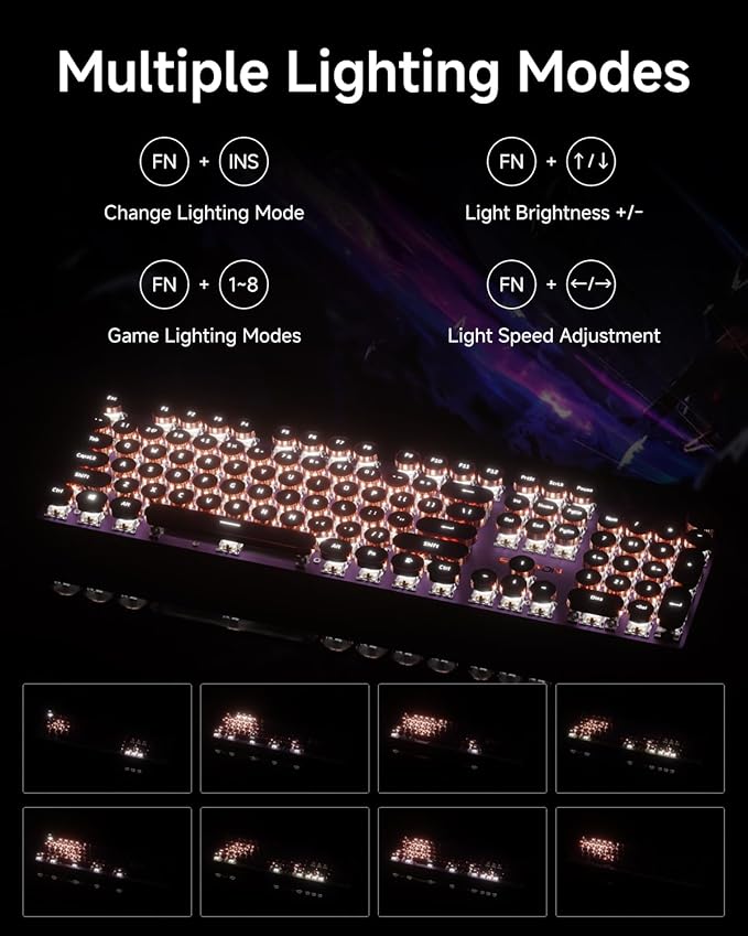 EWEADN Typewriter Style Mechanical Keyboard Wired Typewriter Keyboards104 Keys Backlit LED Metal Keyboards Media Control Knob Wired Computer Keyboard Pink Switch for Windows/Mac/PC-Purple