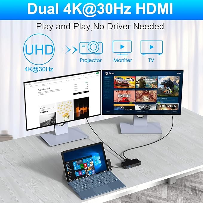 Docking Station Ms Triple Display (2 HDMI 4K+VGA) Dock Accessories for Sf Pro 9/8/X/7/6/5/4/3 Book 3/2/1Laptop go/5/4/3/2