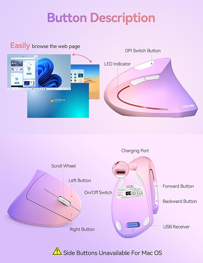 TECKNET Ergonomic Mouse Wireless Rechargeable Vertical Mouse for Carpal Tunnel Right Hand 4800 DPI 5 Adjustable Levels 2.4GHz with USB-A Receiver Silent Click for Laptop PC MacBook Desktop