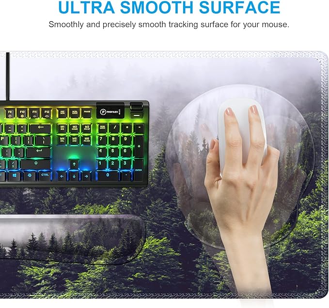 iCasso Desk Mat Gaming Mouse Pad Wrist Support Set4in1 XXL Large Mousepad + Keyboard Wrist Rest+Mouse Wrist Rest+Coaster Set with Ergonomic Design for Home Office Table Computer-Forest