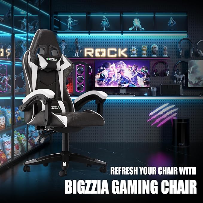 Bigzzia Gaming Chair Ergonomic Video Game Chairs with Pillow and Lumbar Support Racing Style Height Adjustable Computer Chair with 360°-Swivel Seat for Adults（White）