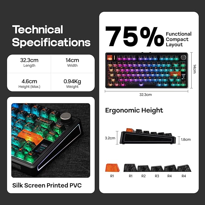 EPOMAKER TH80 V2 PRO Wireless Gaming Keyboard with Screen&ampKnob 10000mAh 2.4Ghz/BT/USB-C RGB Hot Swap Custom Driver NKRO PBT Keycap Mechanical Keyboard for PC/Mac (Black Sea Salt Silent)