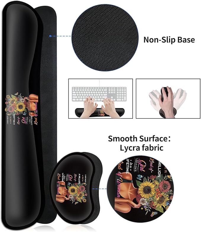 JVGFYNKL Large Gaming Mouse Pad Set Ergonomic Memory Foam Keyboard Wrist Rest Support + Mouse Wrist Rest + Extended Desk Mat with Non-Slip Rubber Base Inspiring Sunflower Girl Pattern Black Desk Pad