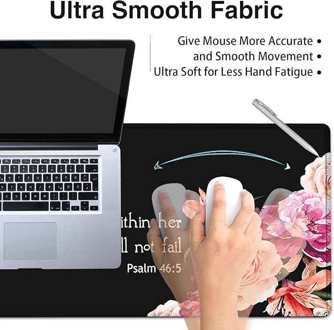 Desk Pad Extended Large Mouse Pad with Stitched Edges (31.5X11.8In) Ergonomic Mouse Wrist Rest Support Waterproof Computer Keyboard Mouse Mat Peony Flower Psalm 46:5 XXL Black Gaming Mouse Pad