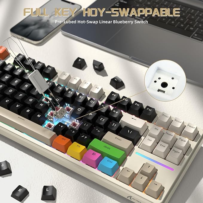 ATTACK SHARK X87 80% Wireless Mechanical Keyboard&ampColored KeycapsHot-Swap Gasket RGB Backlit 4000mAhPre-lubed Linear Switch PBT Keycap BT/2.4G/USB-C Gaming Keyboard for PC/MAC-Black(White&amp8