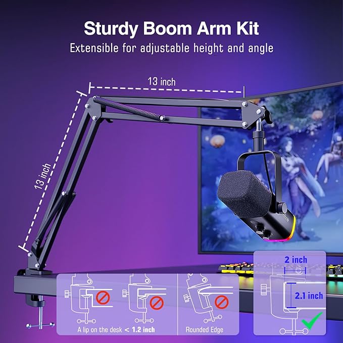 FIFINE Dynamic Gaming Mic and Microphone Arm Stand Kit PC Computer Streaming Mic with RGB Light Mute Button Suspension Scissor Boom Stand Bundle for Recording Podcast Voice-Over (AM8+CS1)